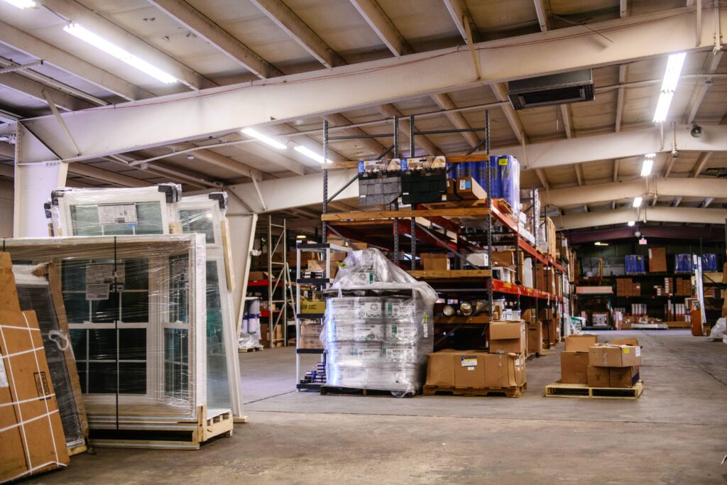 Building materials stored in a warehouse.