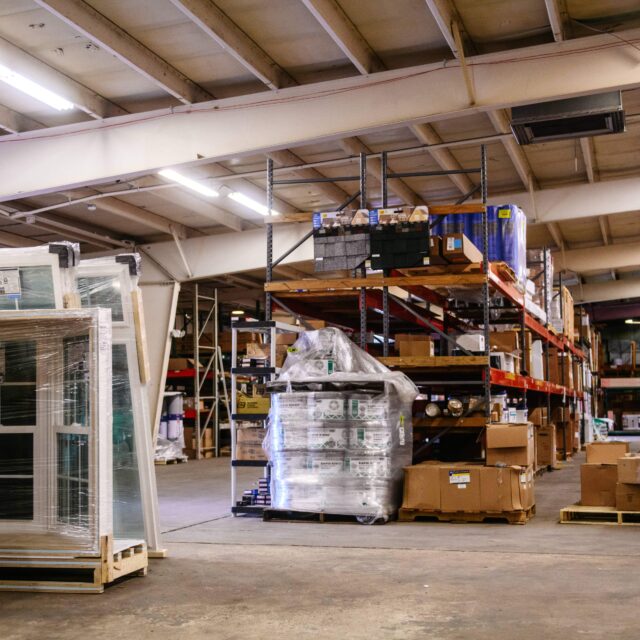 Building materials stored in a warehouse.